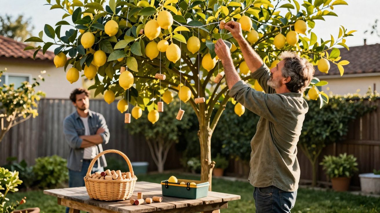 Homem a pendurar rolhas num limoeiro enquanto outro observa num jardim com mesa e cesta.