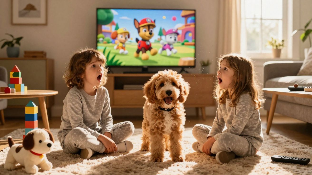 Duas crianças sentadas no chão da sala com um cão entre elas, assistindo a desenho animado na televisão.