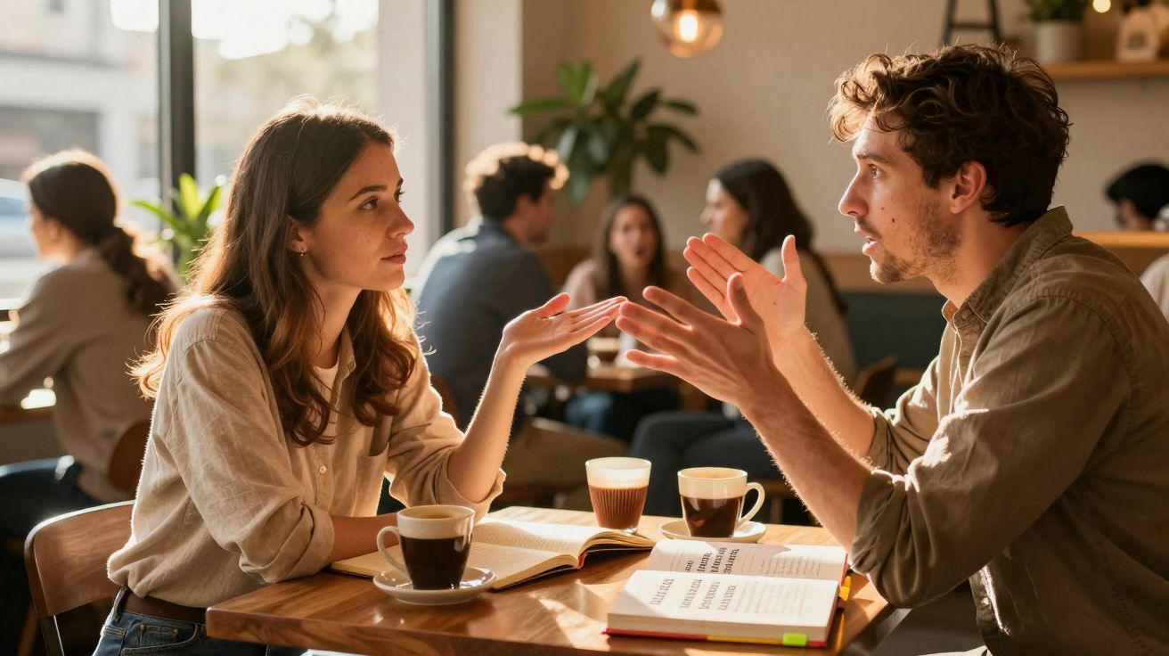 Casal jovem conversa animadamente numa cafetaria com livros e café numa mesa de madeira.