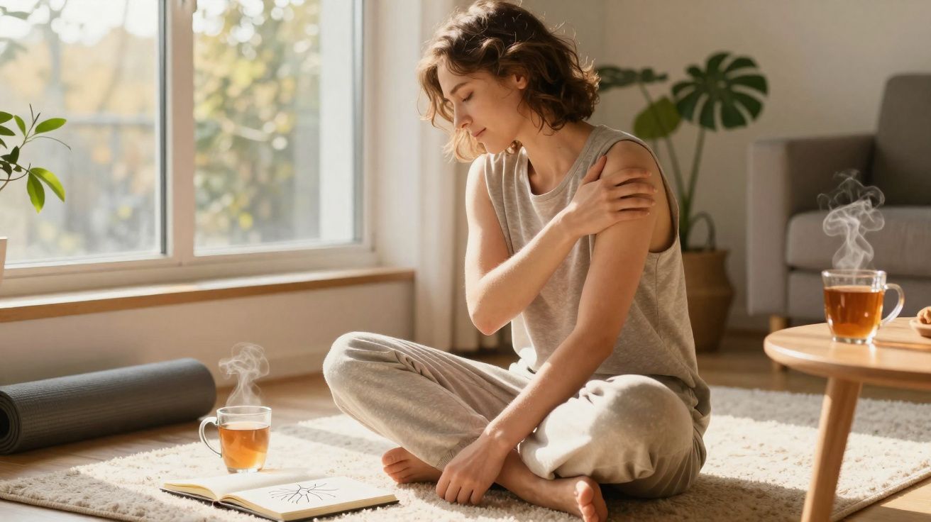 Mulher sentada no chão a alongar o braço, com chá e caderno ao lado, num ambiente acolhedor e iluminado.