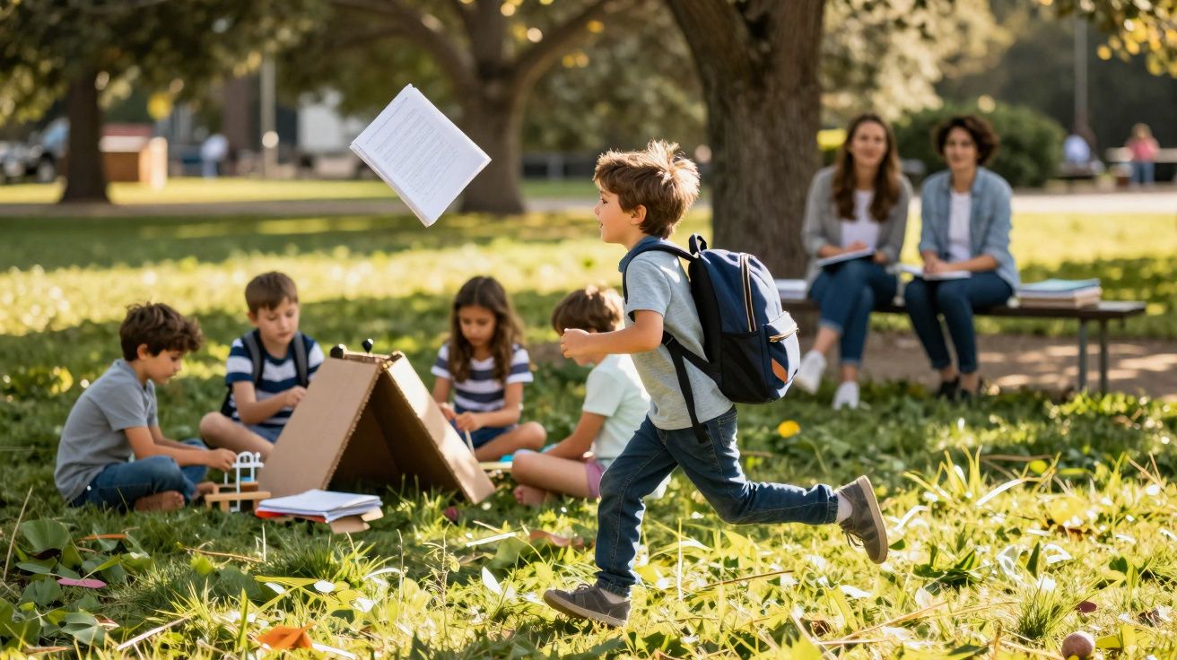 Criança com mochila a correr no parque enquanto outras crianças estão sentadas no chão a brincar e duas adultas observam.