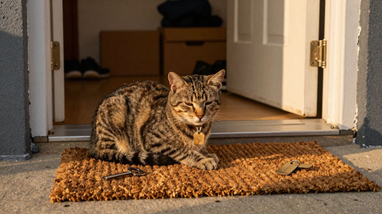 Gato tigrado com coleira sentado num tapete castanho à porta de uma casa com a porta aberta.
