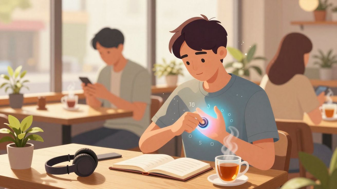 Jovem sentado numa mesa de café lê um livro enquanto interage com interface holográfica no pulso.