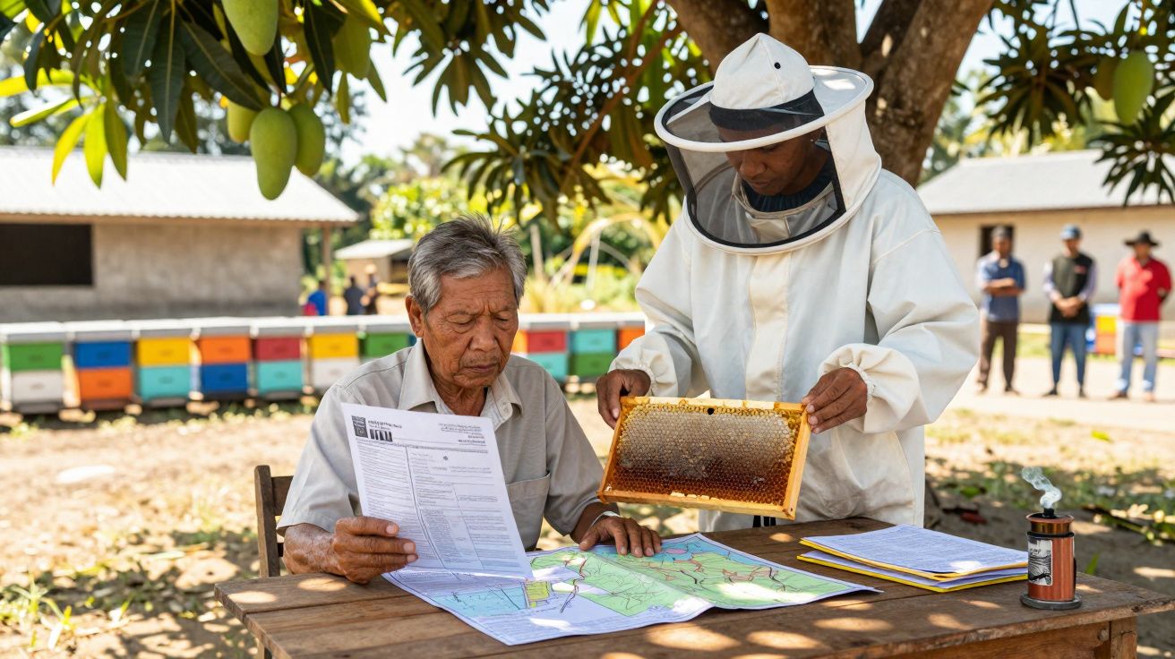Apicultor com fato de proteção mostra favo de mel a homem sentado a analisar documentos e mapas ao ar livre.