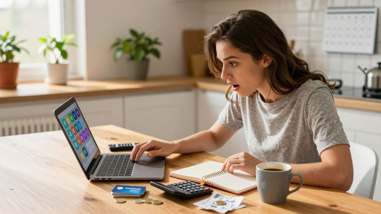 Mulher surpreendida trabalha com laptop, caderno e calculadora numa cozinha moderna com mesa de madeira.