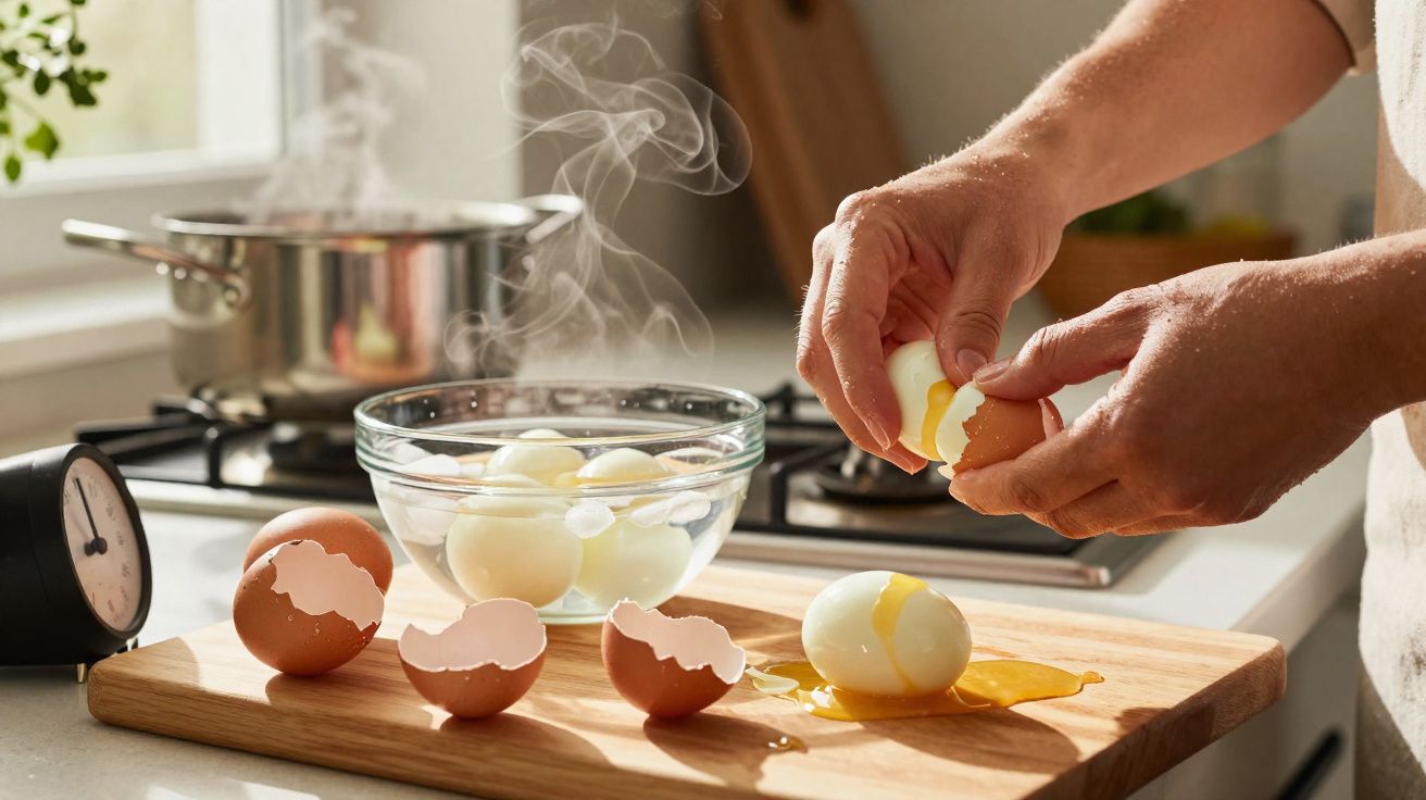 Mãos a descascar ovos cozidos na cozinha, com ovos e cascas sobre tábua de cortar de madeira.