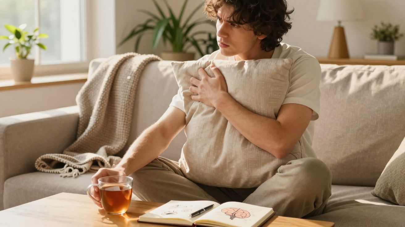 Homem sentado no sofá abraça almofada e pega chá, livro aberto com desenho do cérebro na mesa à frente.
