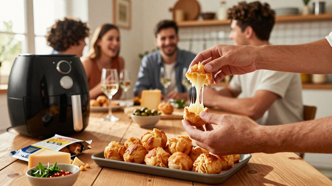 Mãos partem pastel de queijo quente numa mesa com petiscos e amigos a conviver ao fundo numa cozinha.
