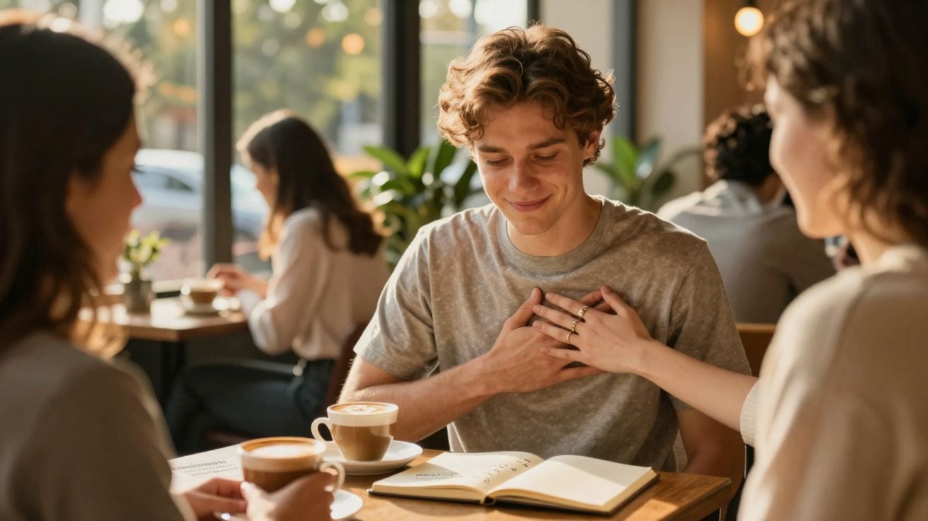 Jovem sorridente com a mão no peito enquanto conversa com duas pessoas num café acolhedor.