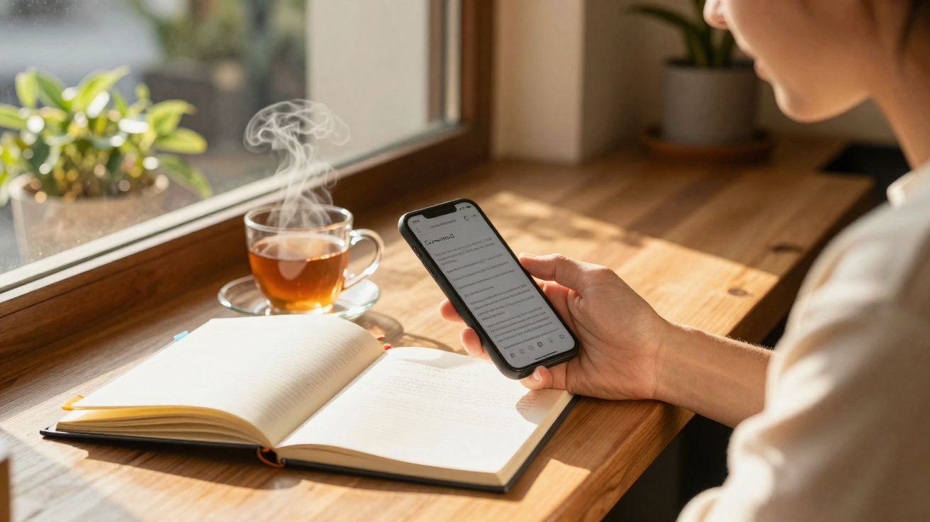 Pessoa a usar telemóvel ao lado de caderno aberto e chá quente junto a uma janela com luz natural.