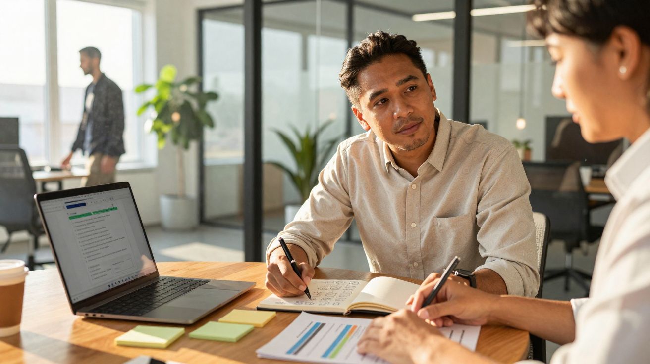 Dois profissionais a discutir e tomar notas numa reunião de trabalho num escritório moderno e iluminado.