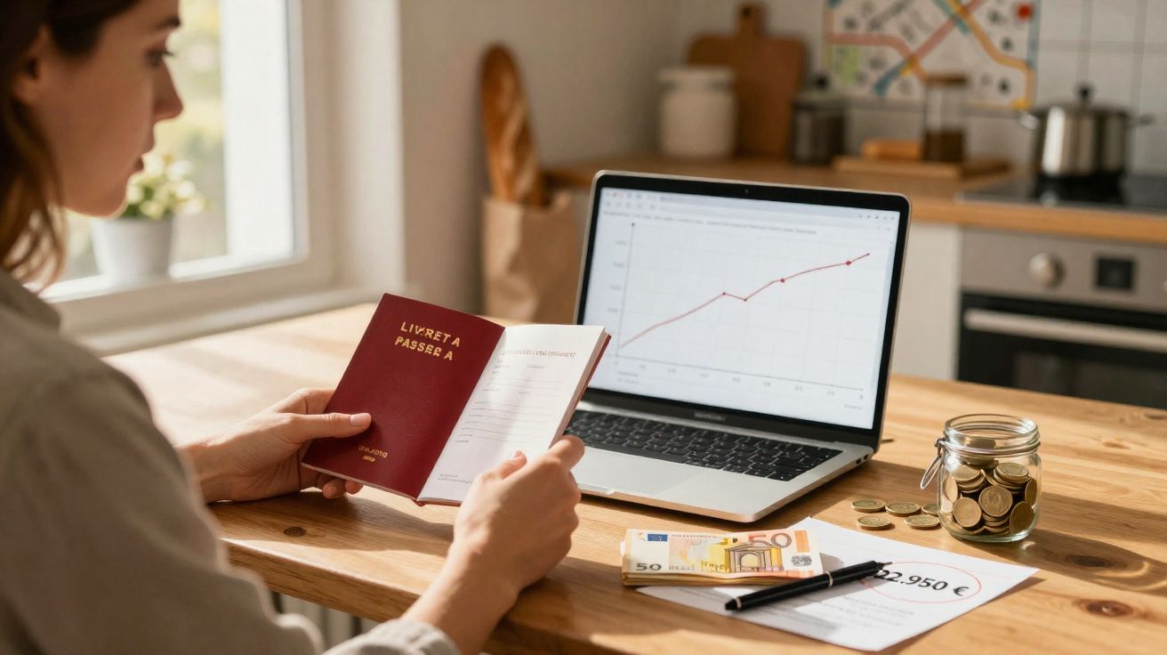 Pessoa analisa livro de poupança com gráficos de investimento, notas, moedas e documentos numa mesa de cozinha.