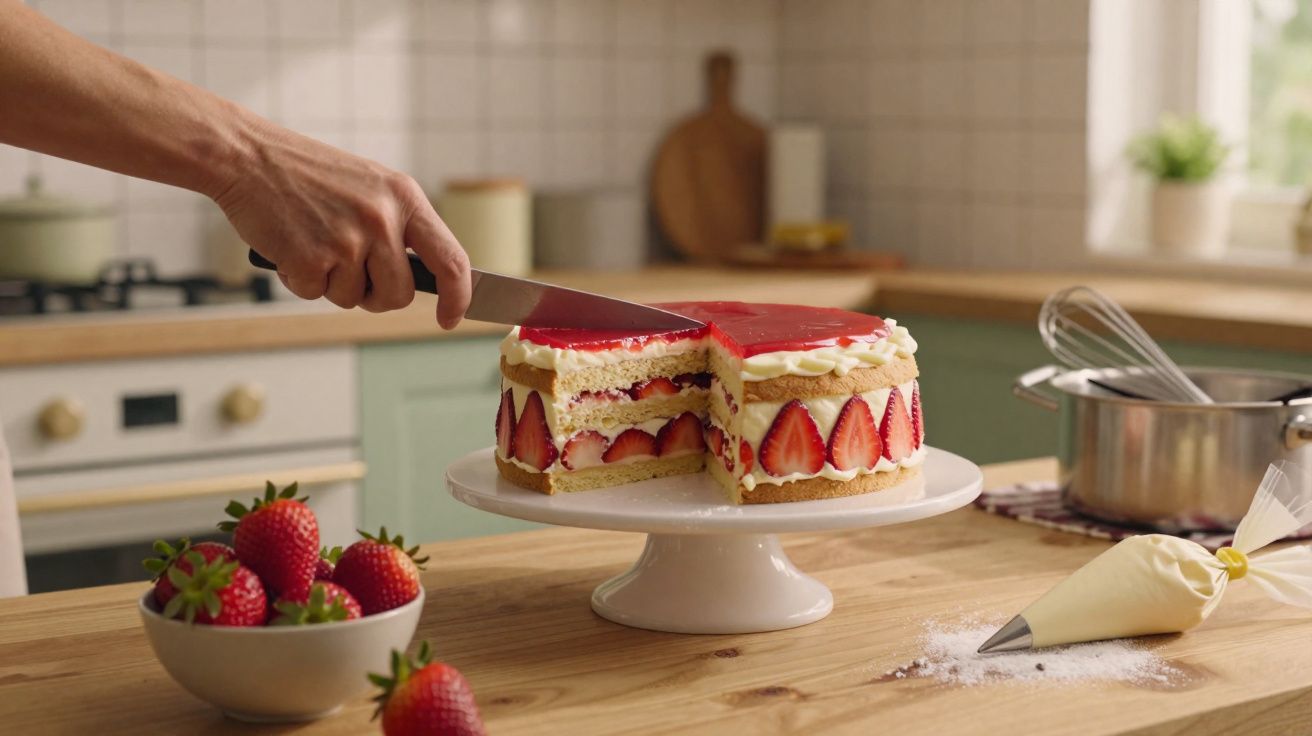 Mão cortando um bolo de baunilha com morangos e cobertura vermelha numa cozinha iluminada.