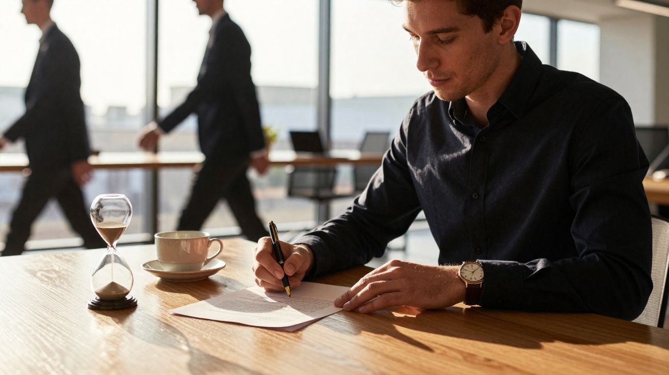 Homem a escrever documentos num escritório com ampulheta e chávena de café na secretária.