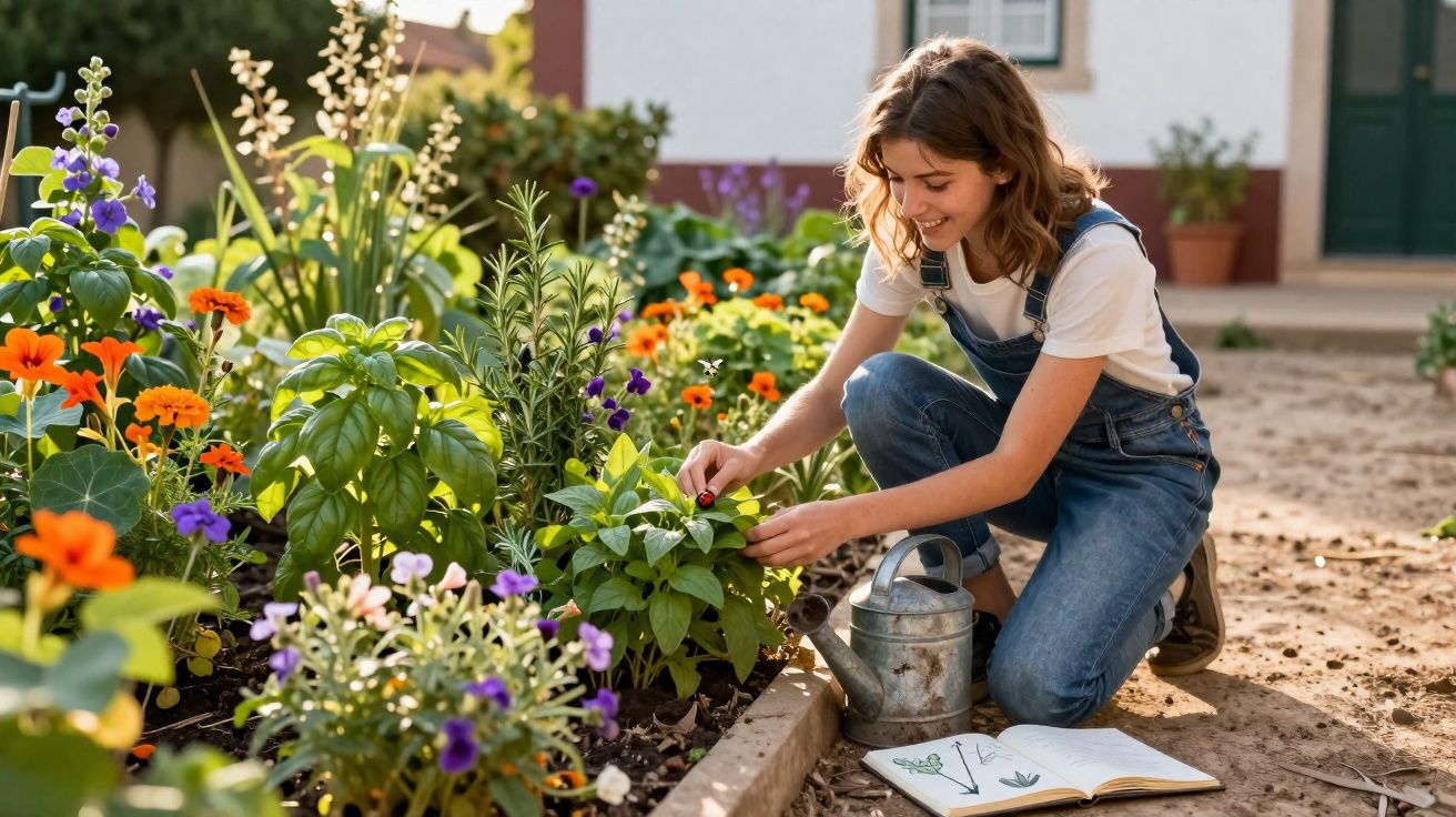 Jovem a cuidar de plantas num jardim florido, com regador e livro de botânica aberto no chão.