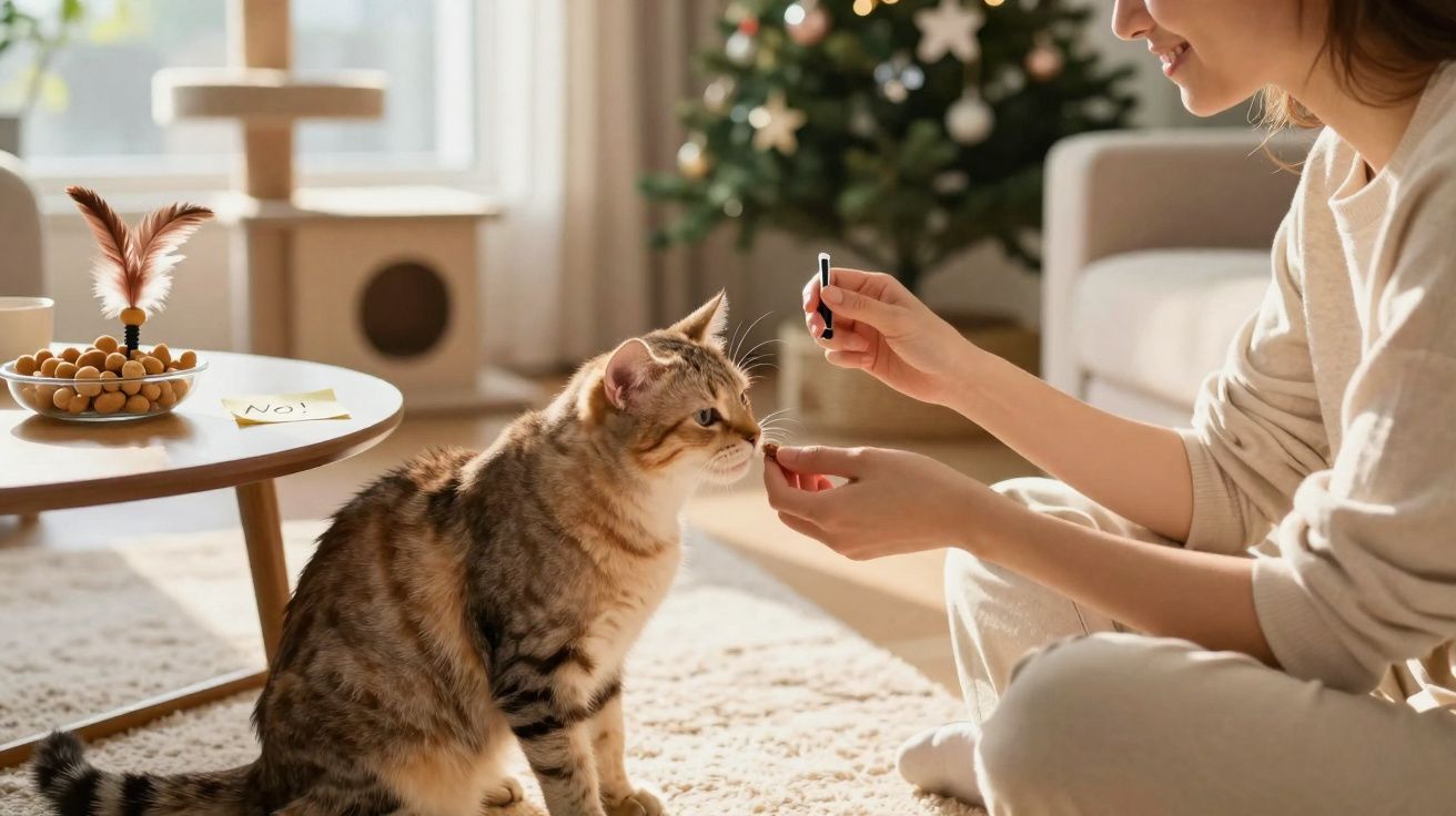 Mulher a dar medicamento em comprimido a gato num ambiente acolhedor com árvore de Natal ao fundo.