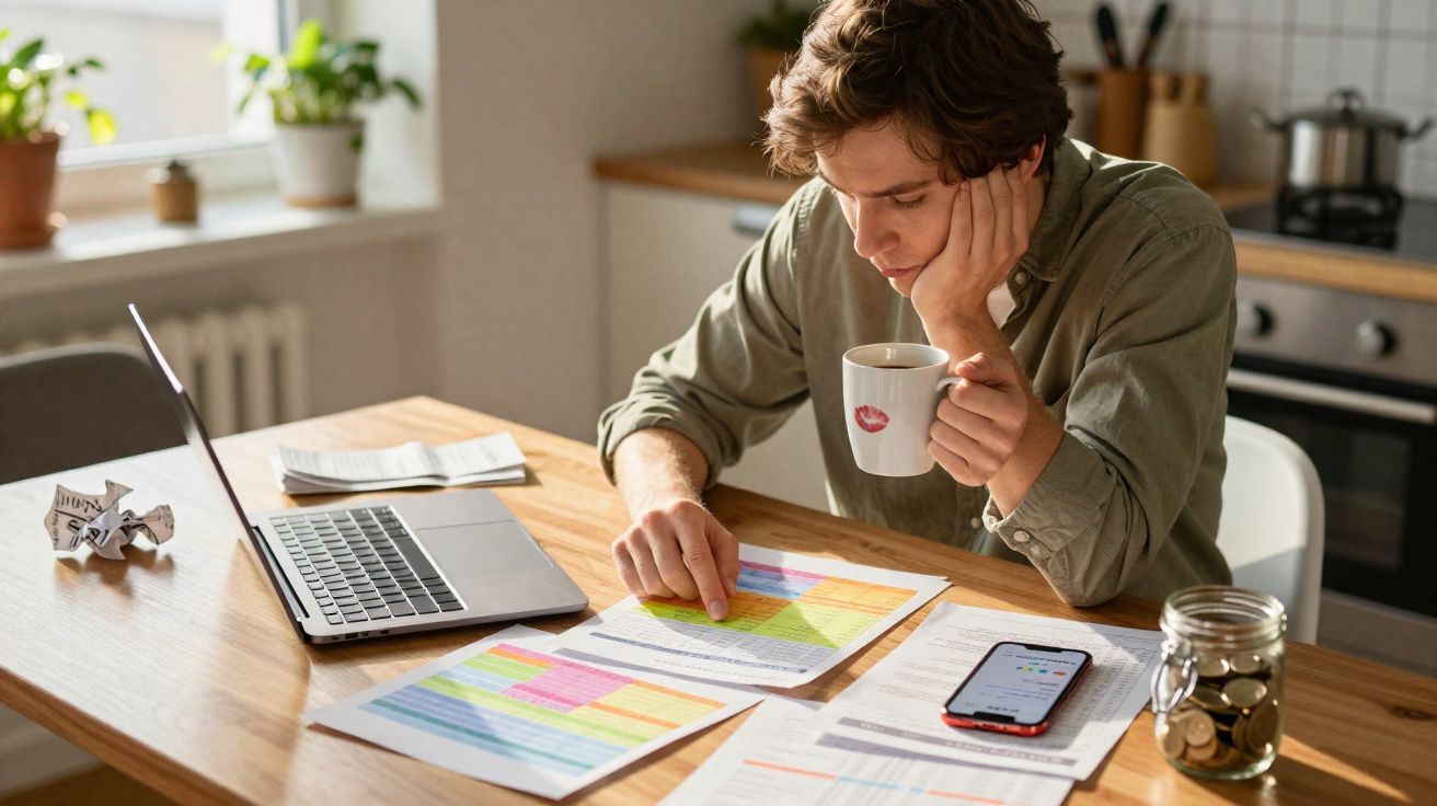Homem a analisar documentos com gráfico colorido, a segurar uma caneca, ao lado de laptop e telemóvel na mesa.