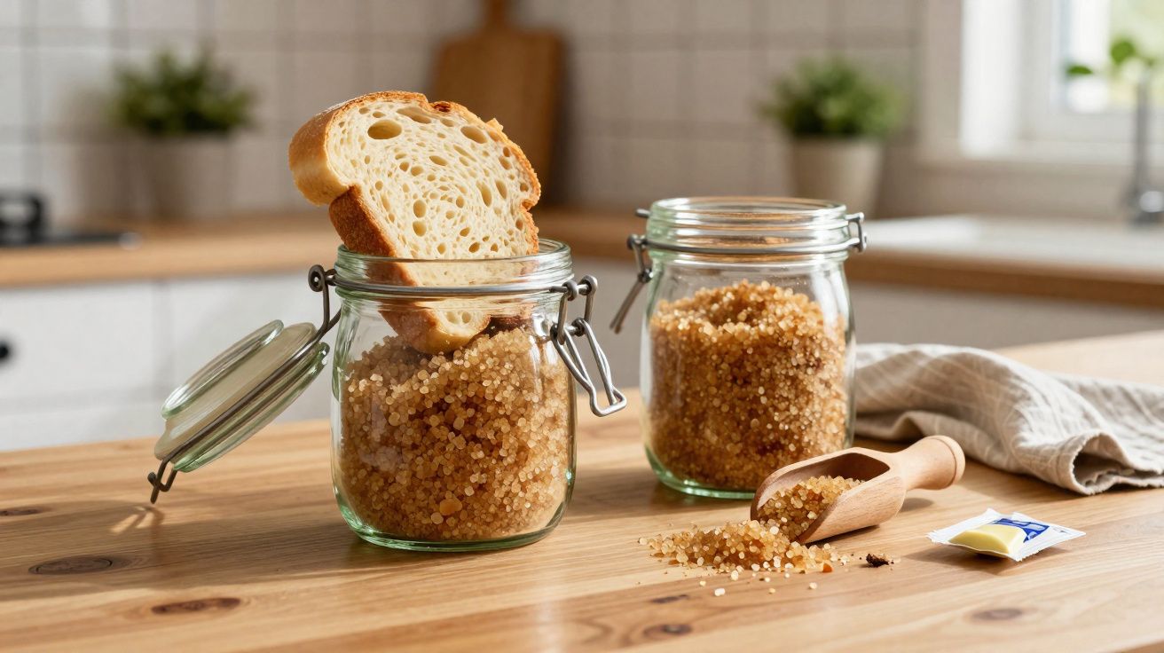 Dois frascos com açúcar mascavado, fatias de pão dentro de um frasco e uma colher de madeira com açúcar na bancada.