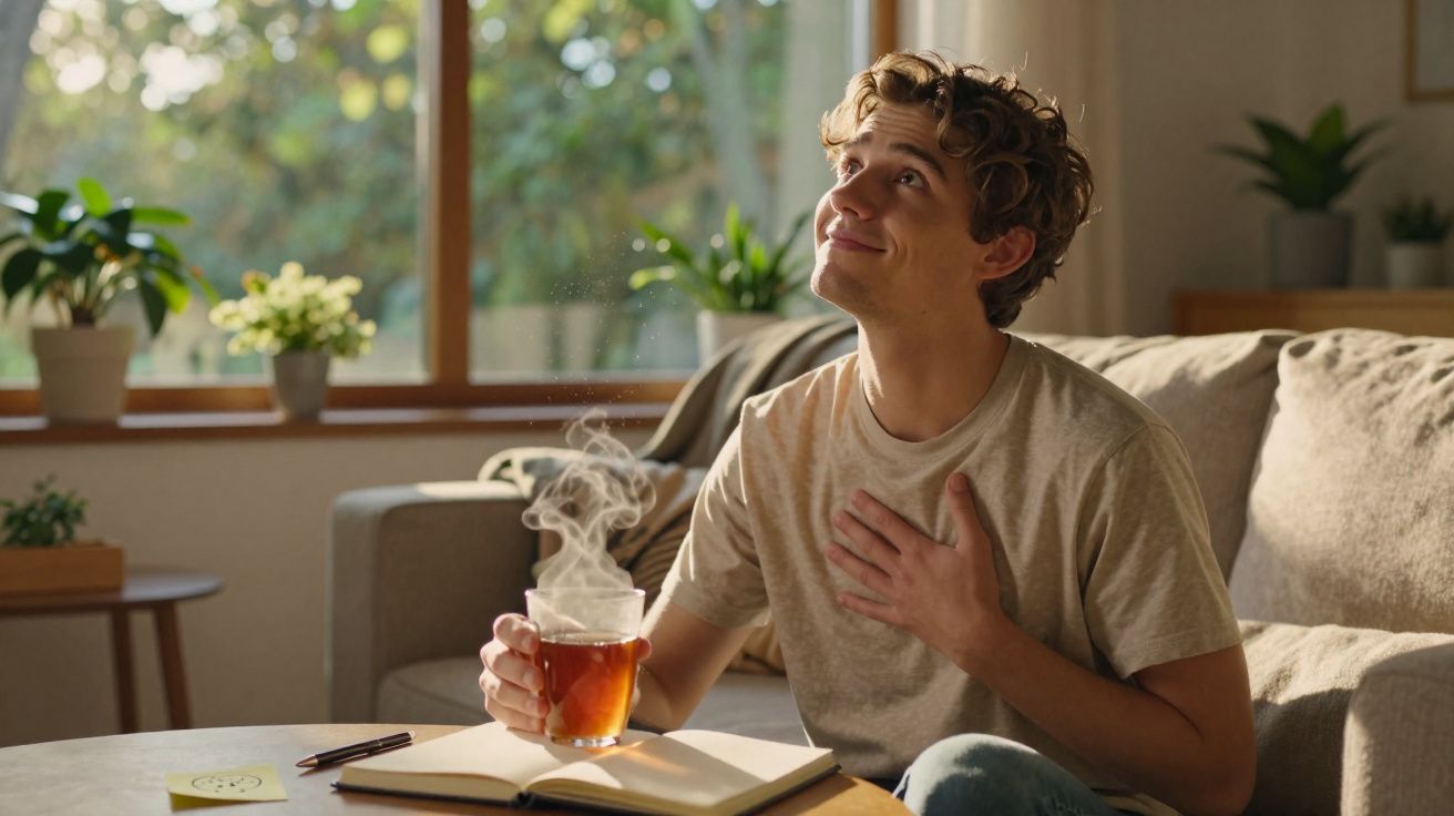 Jovem sentado no sofá com chá quente e livro aberto, olhando para cima com expressão sonhadora.