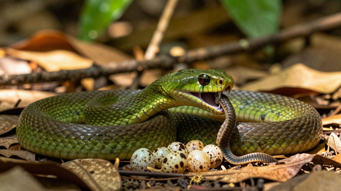 Cobra verde enrolada no chão com uma pequena cobra na boca e ovos manchados à sua frente, rodeada por folhas secas.