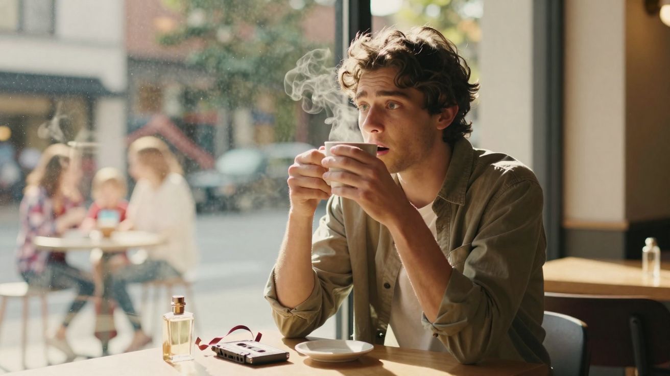 Homem jovem sentado junto à janela de café a beber chá quente, com vapor a subir da chávena.