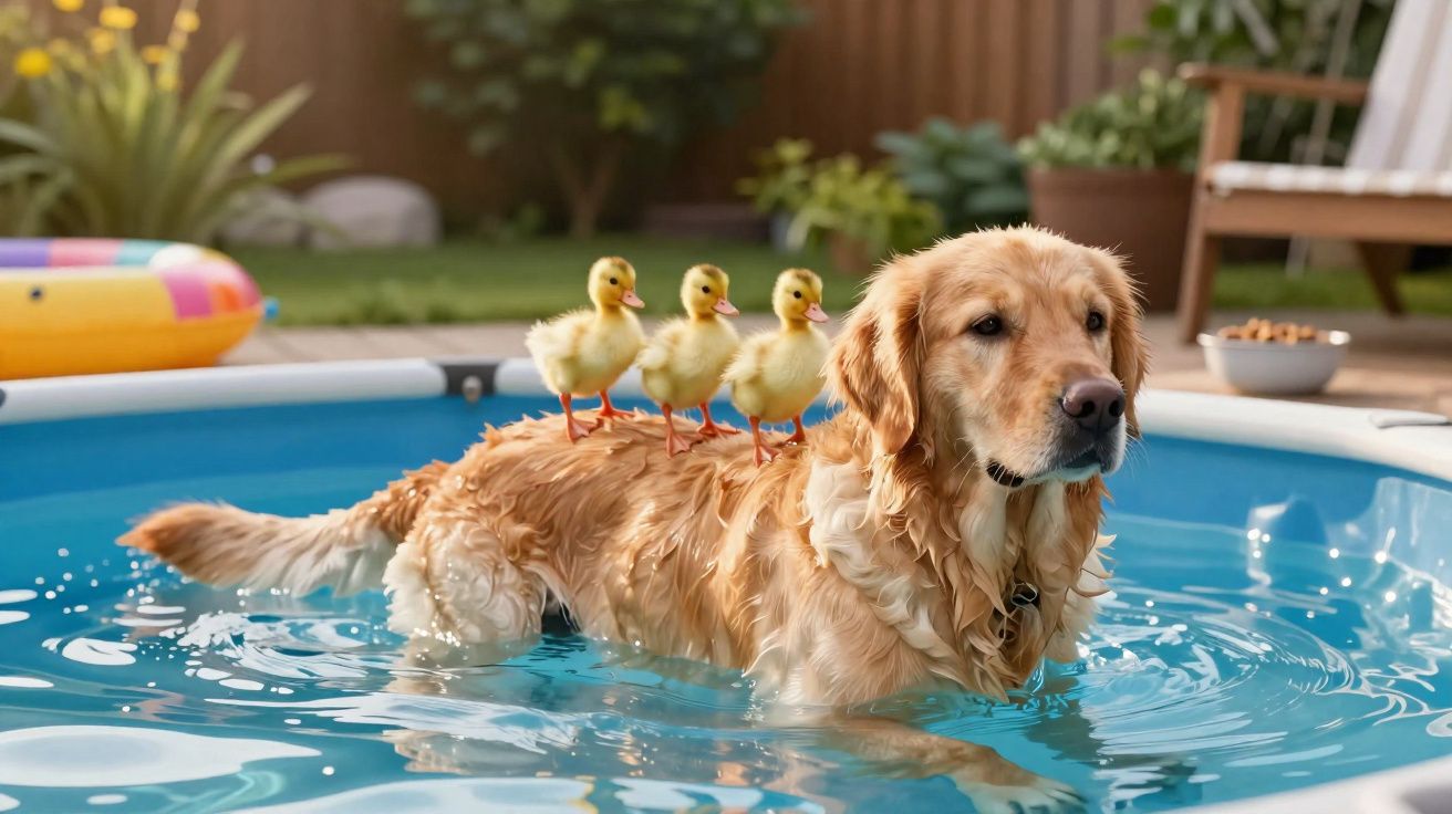 Cão dourado em piscina com três patos amarelos em cima das costas num jardim.