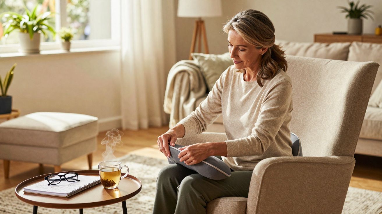 Mulher sentada numa poltrona aconchegante, a usar um saco térmico no ombro, com chá numa mesa ao lado.