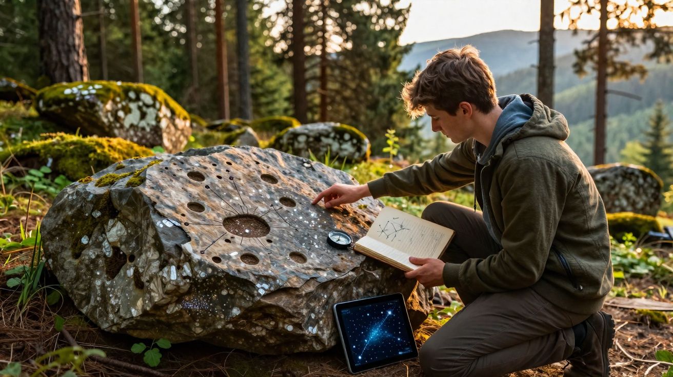 Jovem estuda constelações junto a uma rocha com marcas circulares numa floresta ao entardecer.