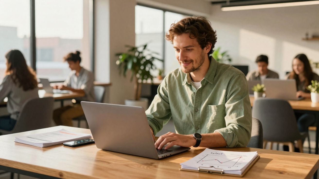 Jovem a trabalhar num portátil num escritório aberto com colegas a trabalhar ao fundo.