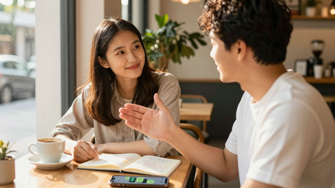 Duas pessoas a conversar numa cafetaria, com café e caderno na mesa, num ambiente iluminado e acolhedor.