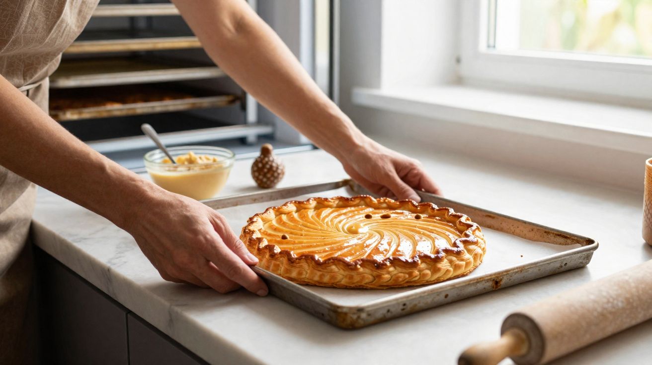 Pessoa a retirar do forno tarte dourada bem decorada sobre tabuleiro de metal numa cozinha iluminada.