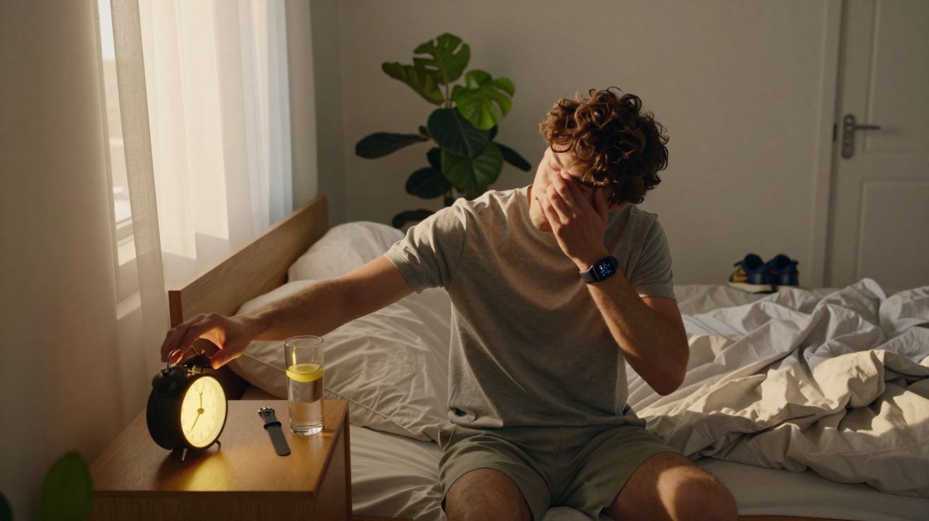 Homem sentado na cama com expressão cansada a desligar o despertador numa manhã iluminada.