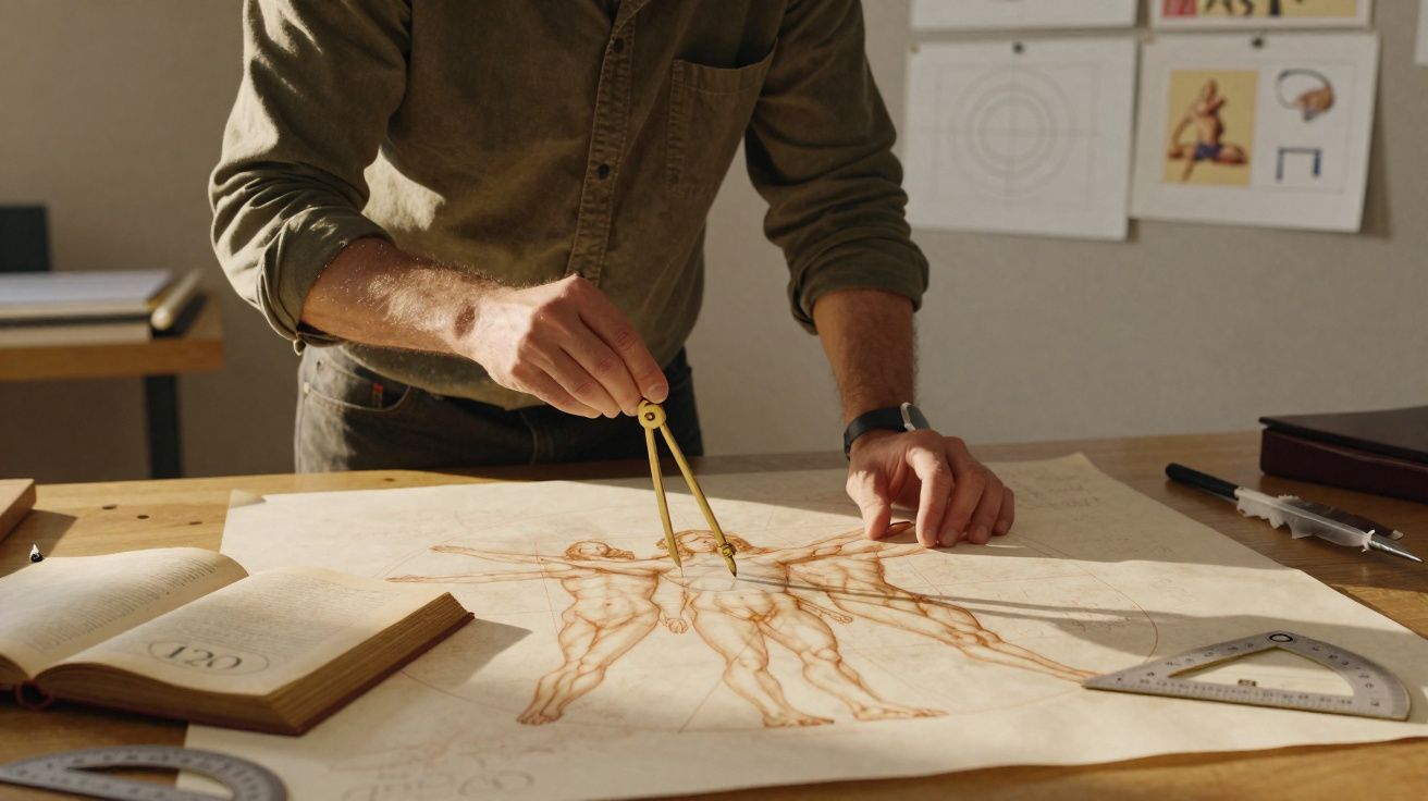 Pessoa usando compasso para desenhar figura humana com proporções sobre mesa de trabalho com livro e esquadros.