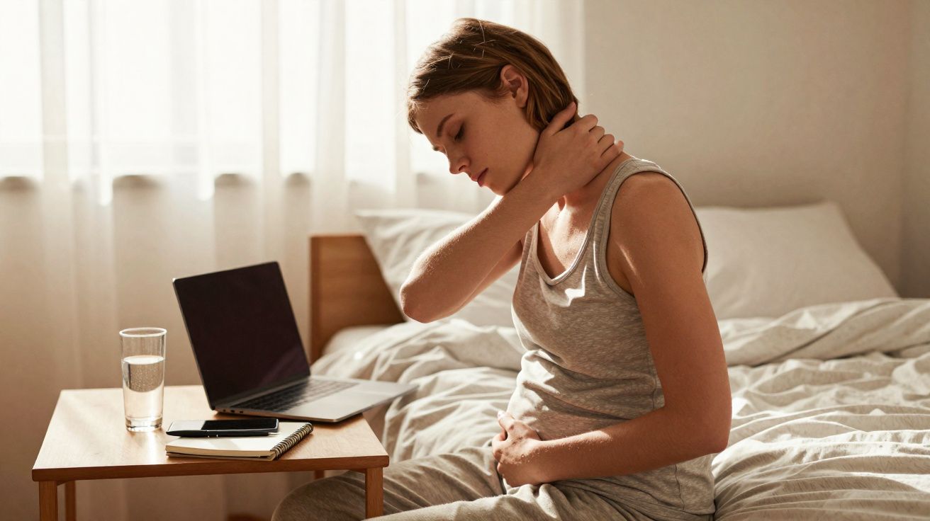 Mulher sentada na cama com expressão de dor, segurando o pescoço e a barriga, ao lado de secretária com computador e copo.