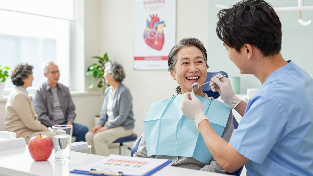 Dentista examina sorriso de idosa numa clínica com outros idosos ao fundo sentados e conversando.