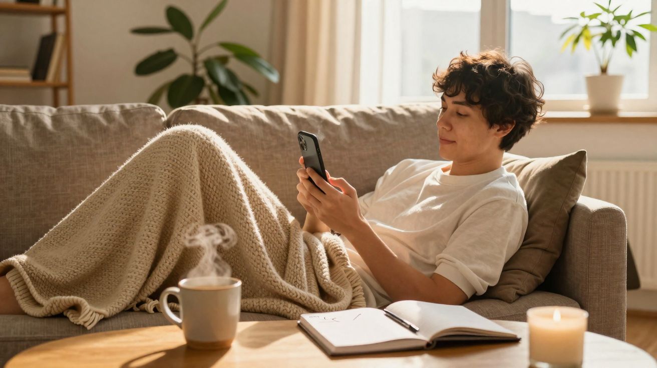 Pessoa relaxada no sofá com manta, a usar telemóvel, com chá e caderno numa mesa à frente.