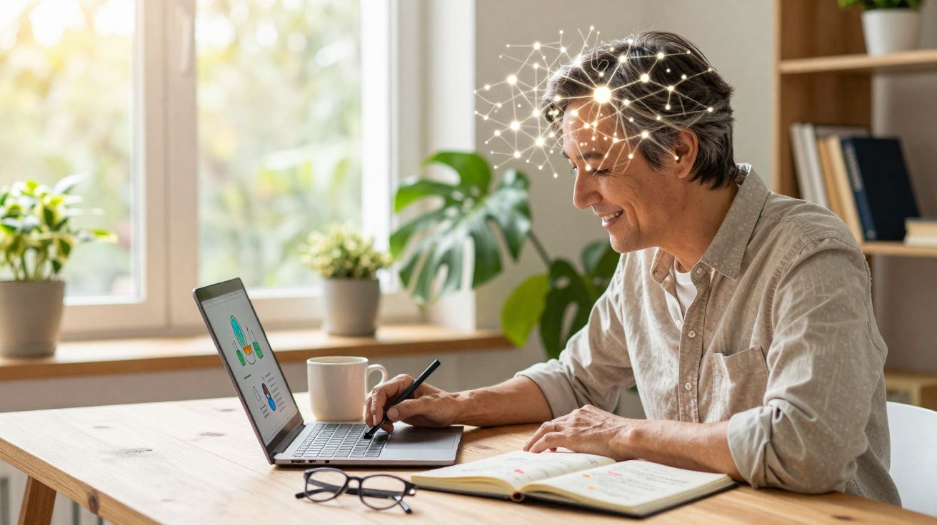 Homem a sorrir a trabalhar no portátil num ambiente luminoso em casa com plantas no fundo.