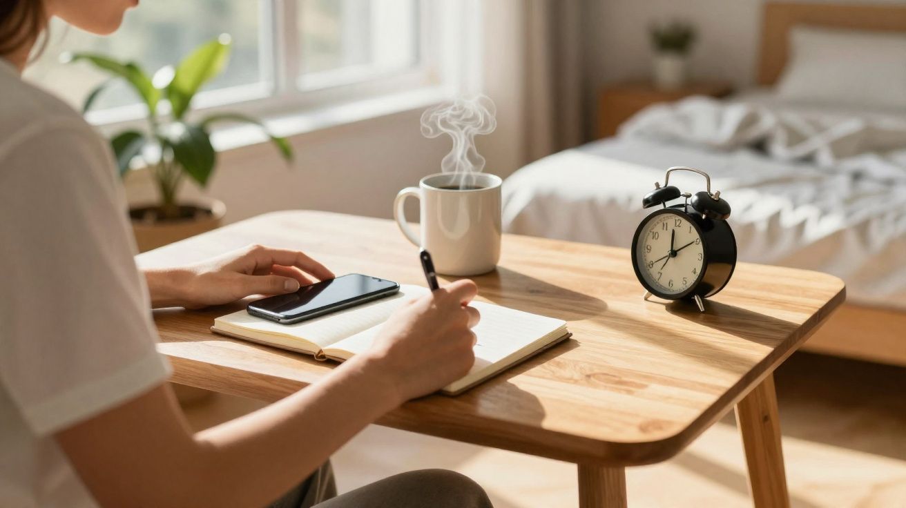 Pessoa a escrever num caderno com telemóvel e chá quente numa mesa de madeira, despertador e cama ao fundo.