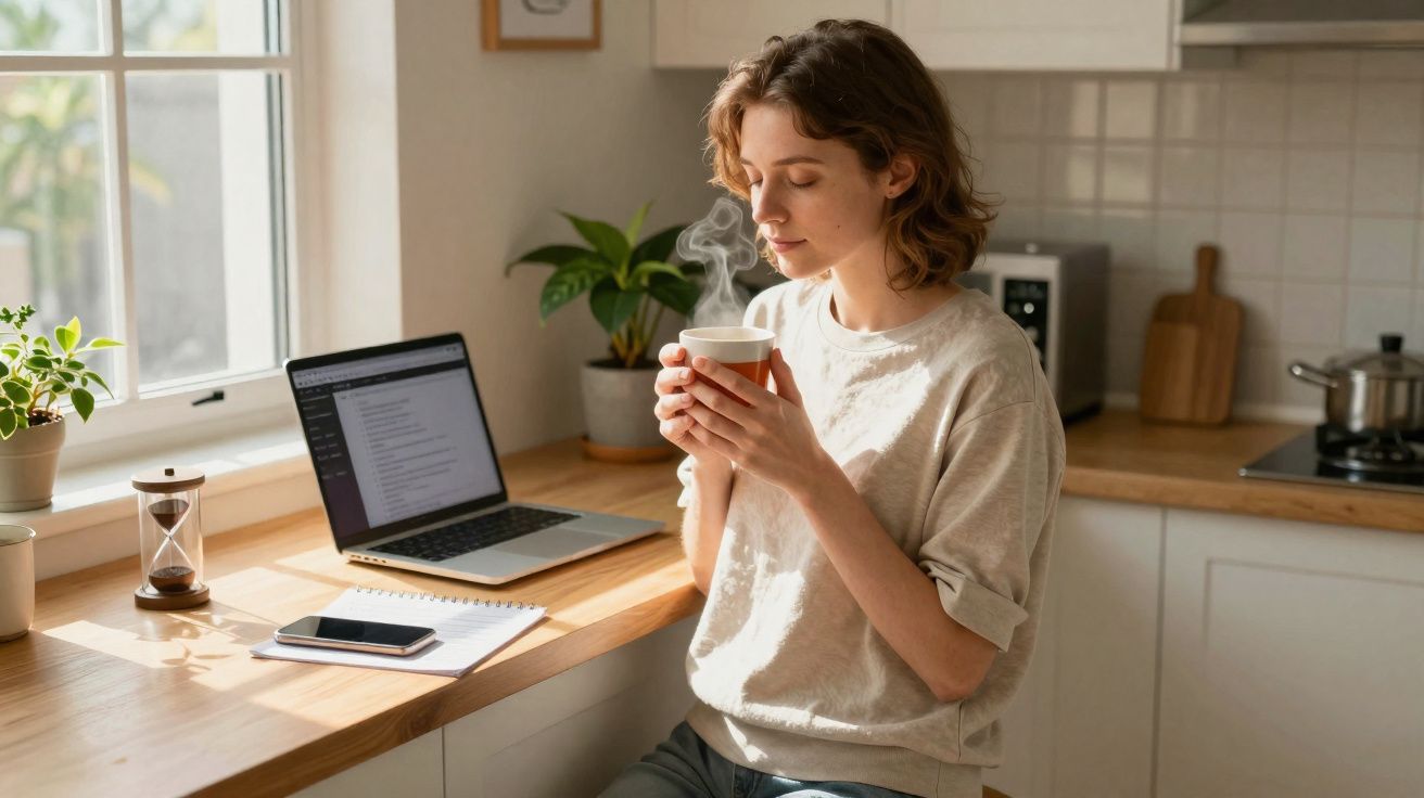 Mulher com cabelo curto a saborear uma bebida quente enquanto está na cozinha com computador portátil ligado.