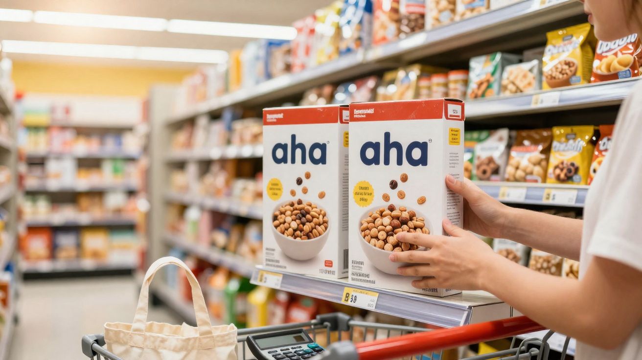 Pessoa segurando duas caixas de cereais "aha" num supermercado junto ao carrinho.