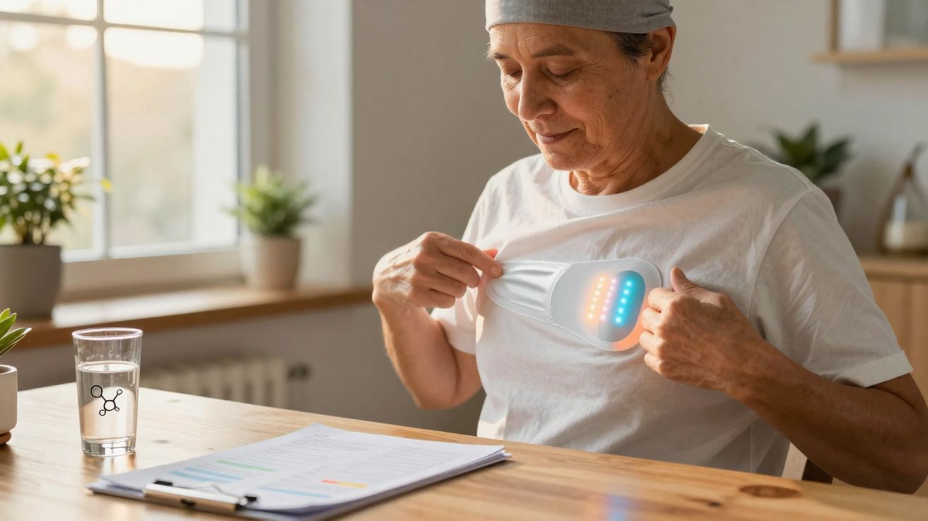 Mulher aplicada dispositivo médico luminoso no peito sentada à mesa com documentos e copo de água.