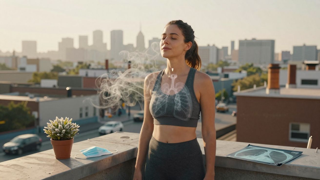 Jovem numa varanda a respirar profundamente com imagem de pulmões e fumo ilustrando a respiração.