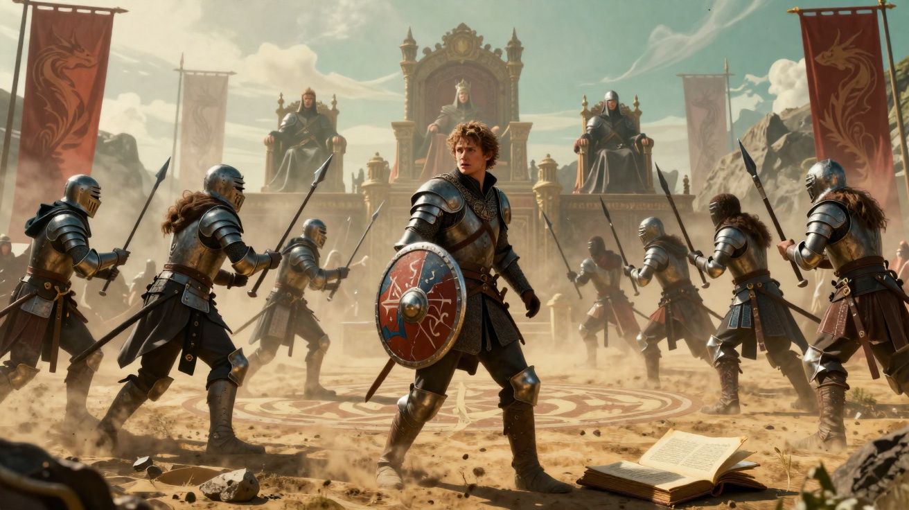 Cavaleiros em armadura no chão de batalha diante de trono com reis e estandartes em ambiente medieval.