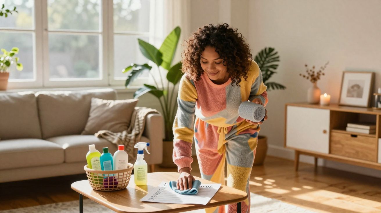 Mulher a limpar mesa de madeira numa sala iluminada com sofá, plantas e decoração moderna.