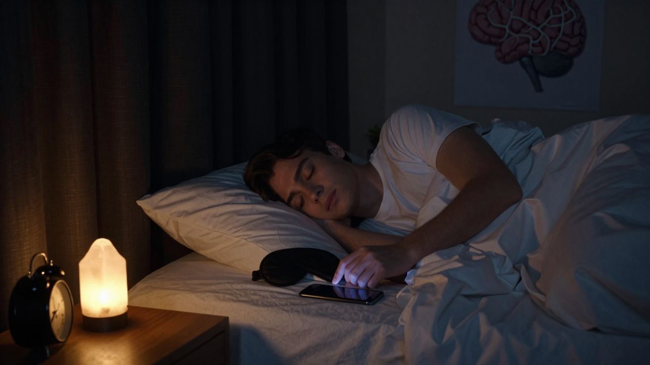 Homem deitado na cama a usar telemóvel com luz suave de candeeiro num quarto escuro.