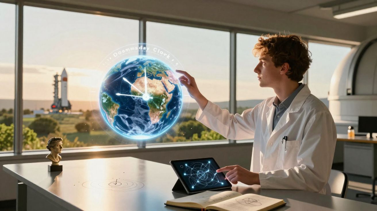 Jovem cientista com bata branca interage com globo digital holográfico numa sala de laboratório moderna.