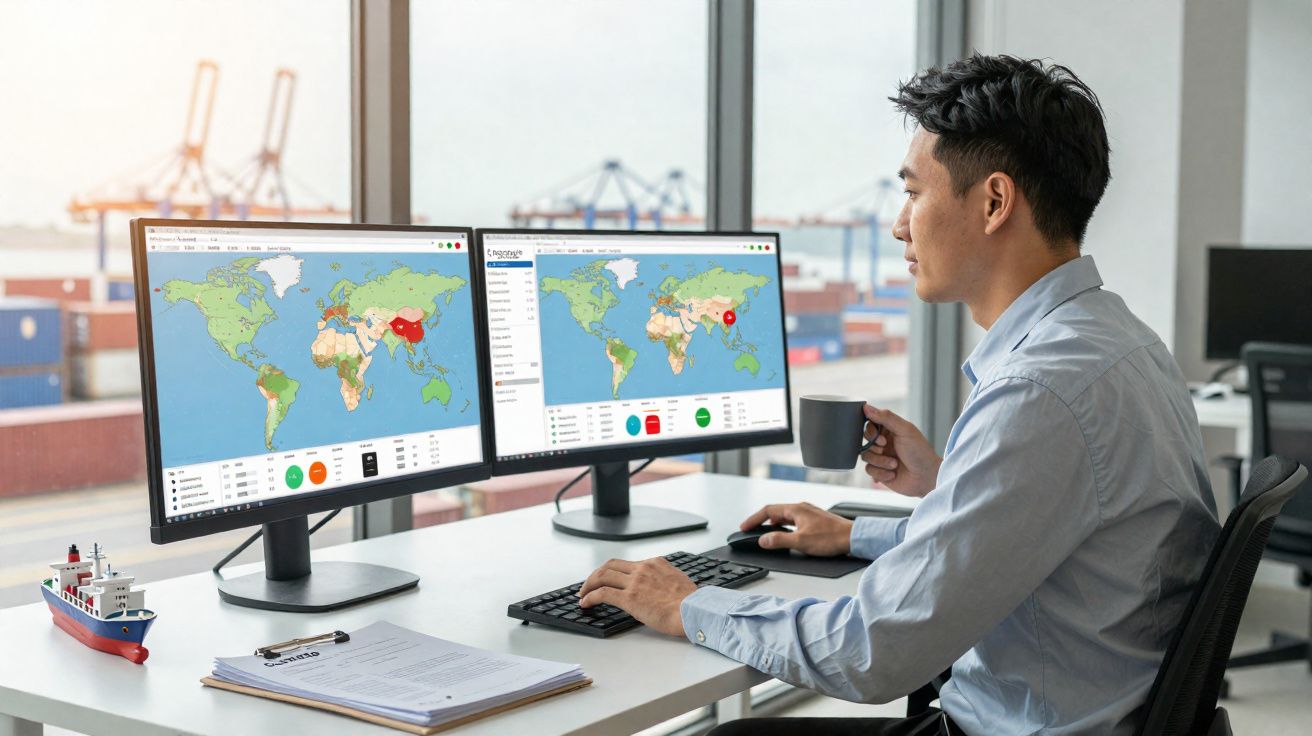 Homem sentado num escritório a analisar mapas mundiais em dois ecrãs de computador, segurando uma chávena.