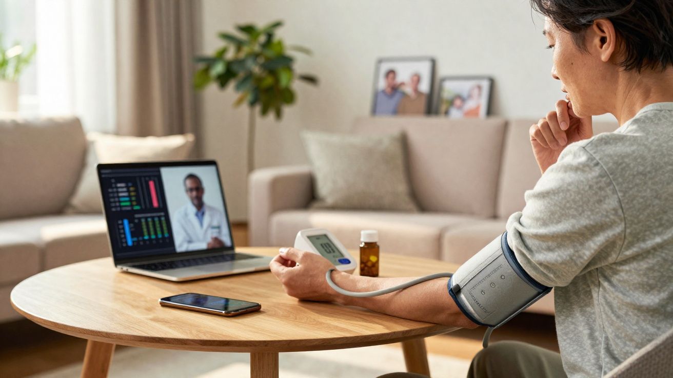 Pessoa a medir a tensão arterial enquanto faz consulta médica online em casa.
