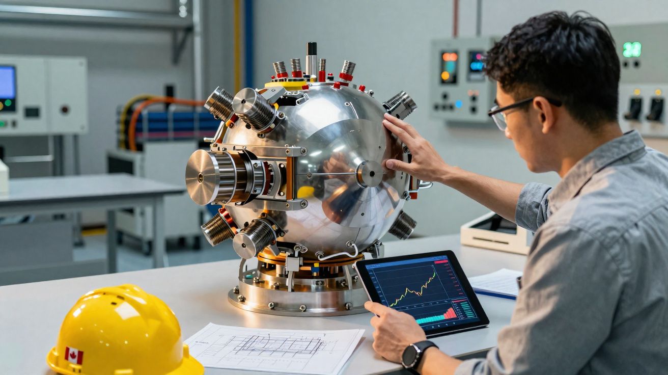 Homem examina equipamento científico metálico enquanto consulta gráficos num tablet numa bancada de laboratório.