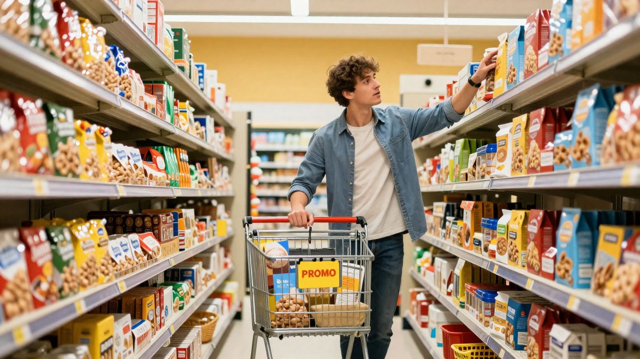 Homem a fazer compras no supermercado, pousando produtos numa prateleira, carrinho com produtos em promoção.